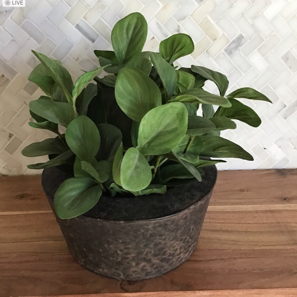 Faux Floral In Brown Rustic Hammered Metal Planter